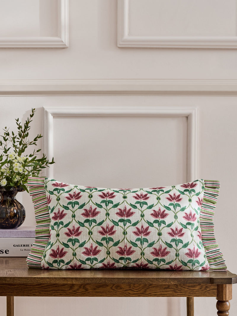 Nina Campbell red lotus trellis embroidered cushion 30x50cm (British brand)