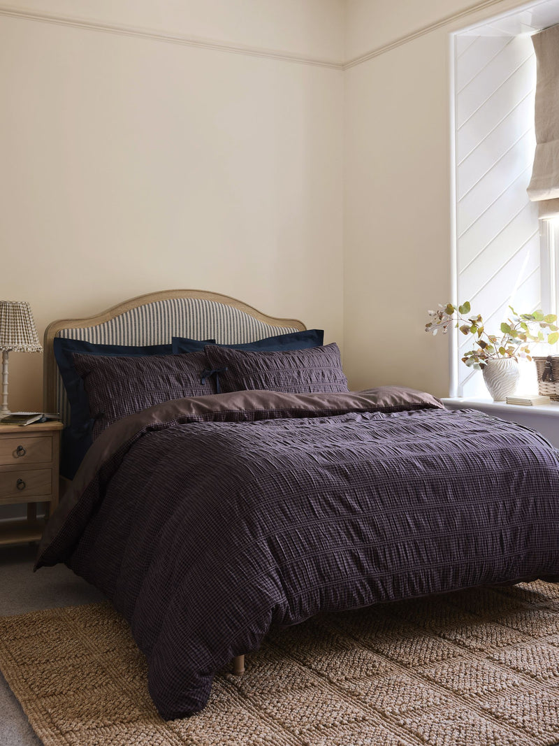 Blue gingham ruched duvet cover and pillowcase set - British product
