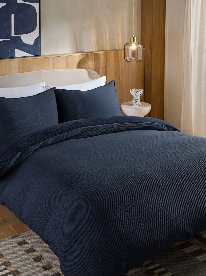 Blue Navy Fleece Crinkle Muslin Duvet Cover and Pillowcase Set - British product