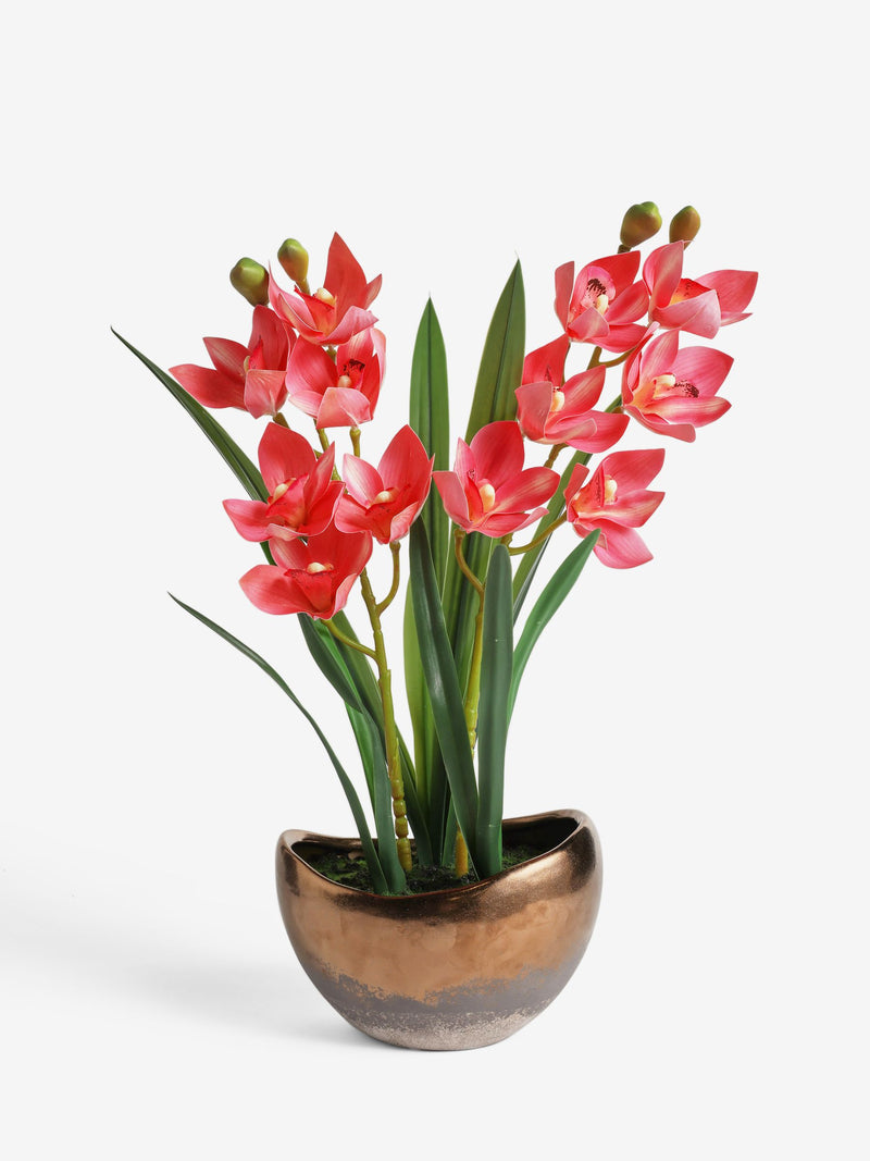 Artificial pink orchid in gold ceramic pot, 50cm tall, imported from the UK