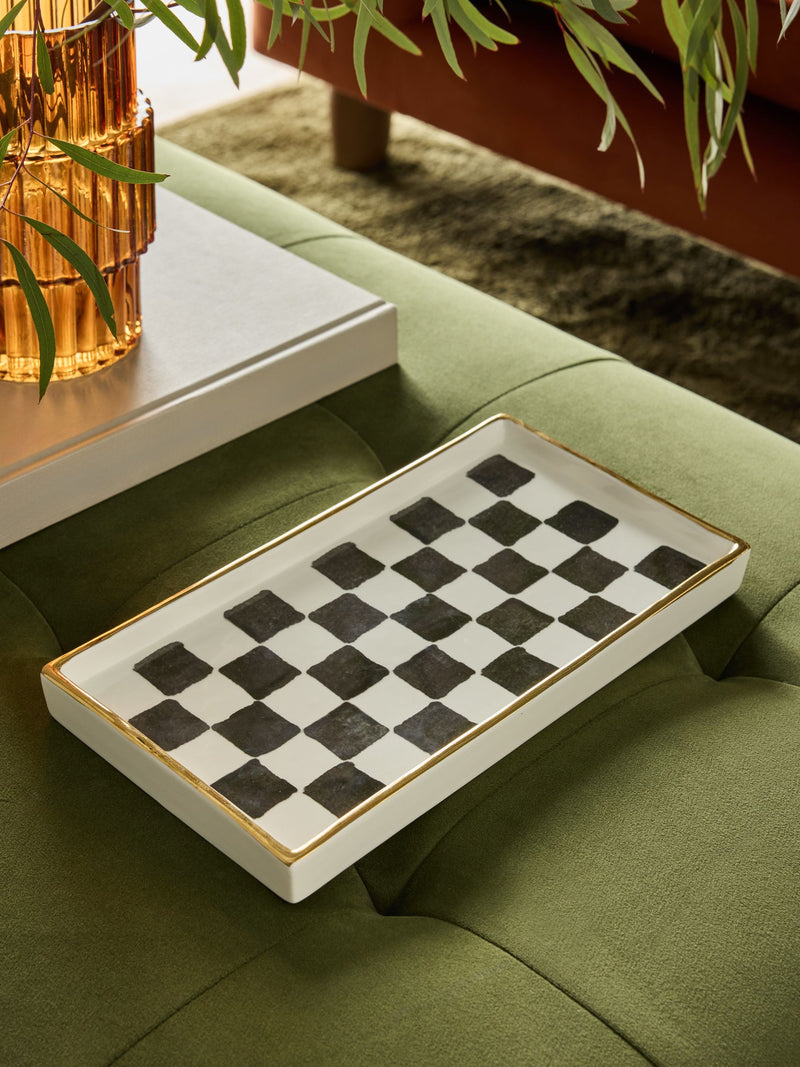 White/Black Checkerboard Ceramic Trinket Tray