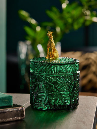 Pot à babioles en verre vert imprimé léopard, 13,5 cm x 9 cm