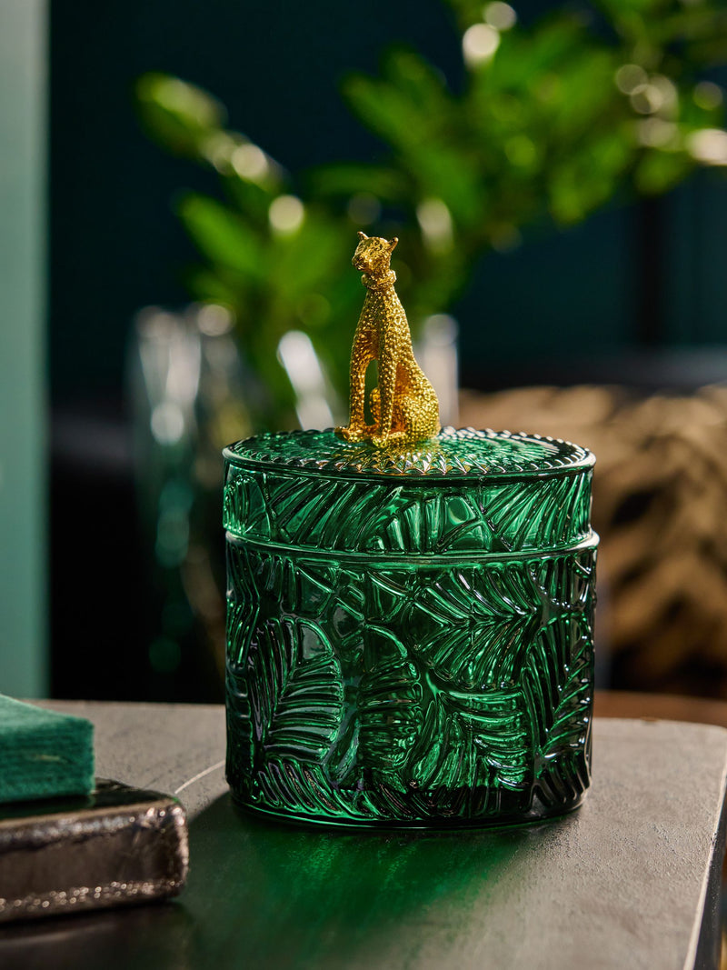Green glass leopard print trinket pot 13.5cm x 9cm, UK version