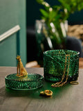 Green glass leopard print trinket pot 13.5cm x 9cm, UK version