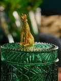 Green glass leopard print trinket pot 13.5cm x 9cm, UK version