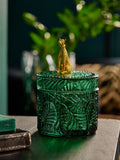 Green glass leopard print trinket pot 13.5cm x 9cm, UK version