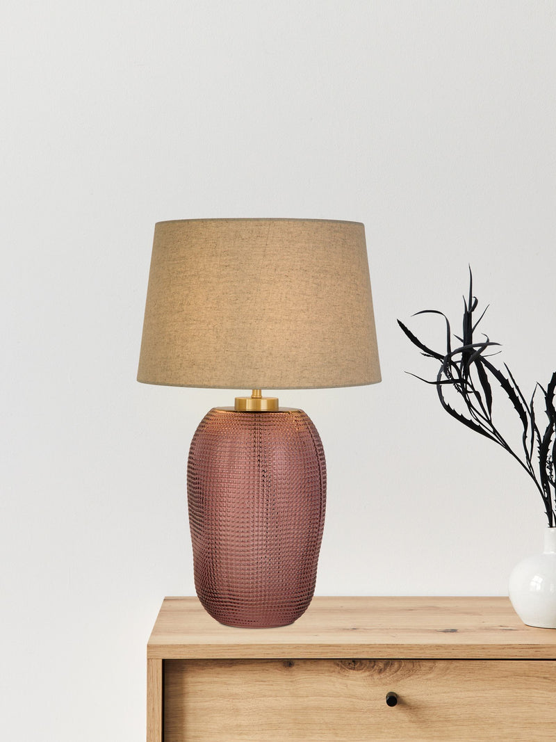 Searchlight pink glass table lamp with linen shade, imported from the UK