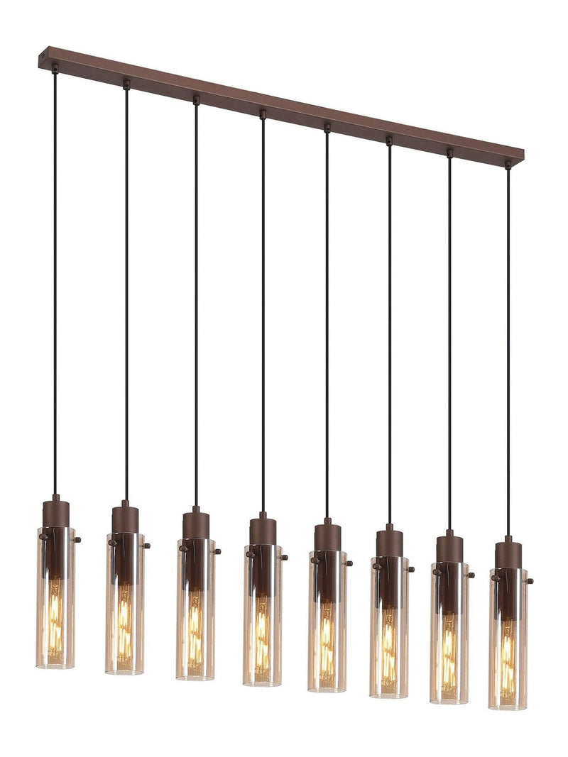 Searchlight Fira pendant light with amber glass shades, imported from the UK