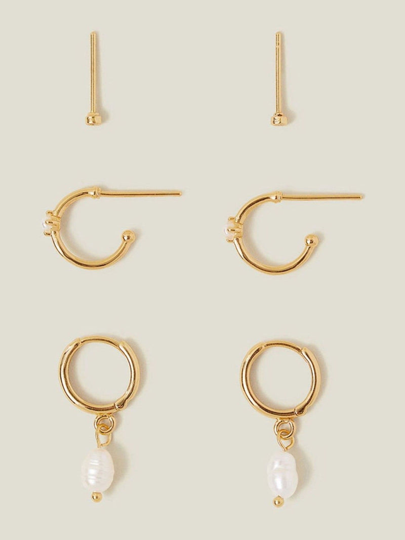 Accessorize gold plated pearl hoop earrings 3 pack - British product