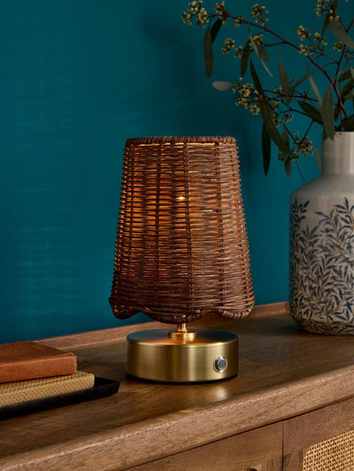 Next Clarke and Clarke Rattan/Brass Isla Rechargeable Wireless Touch Lamp- Buy online at McGrocer