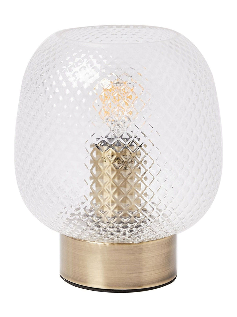 Oliver Bonas table lantern with textured glass shade and brass base, imported from the UK