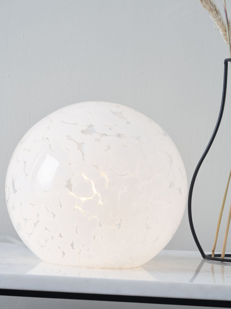 Pacific white speckled glass spherical table lamp (British brand)