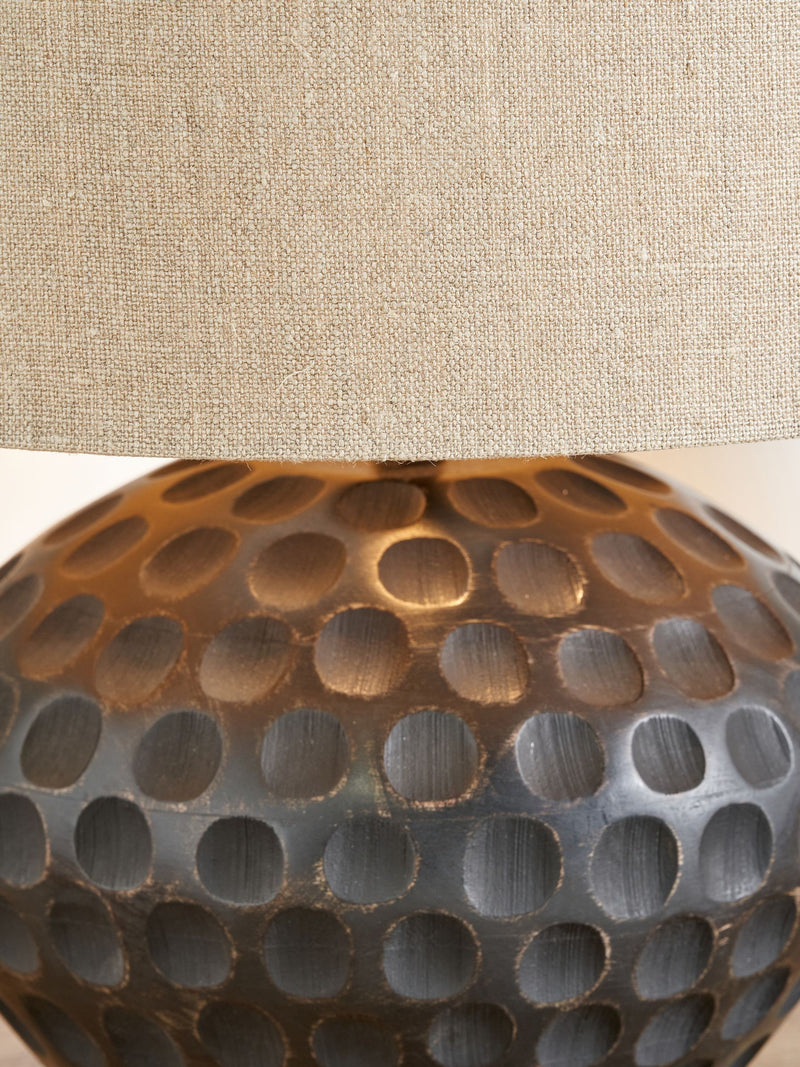 Mango wood lamp antique black linen shade, imported from the UK
