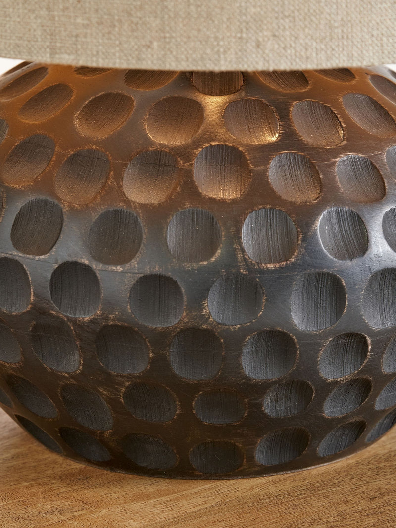 Mango wood lamp antique black linen shade, imported from the UK