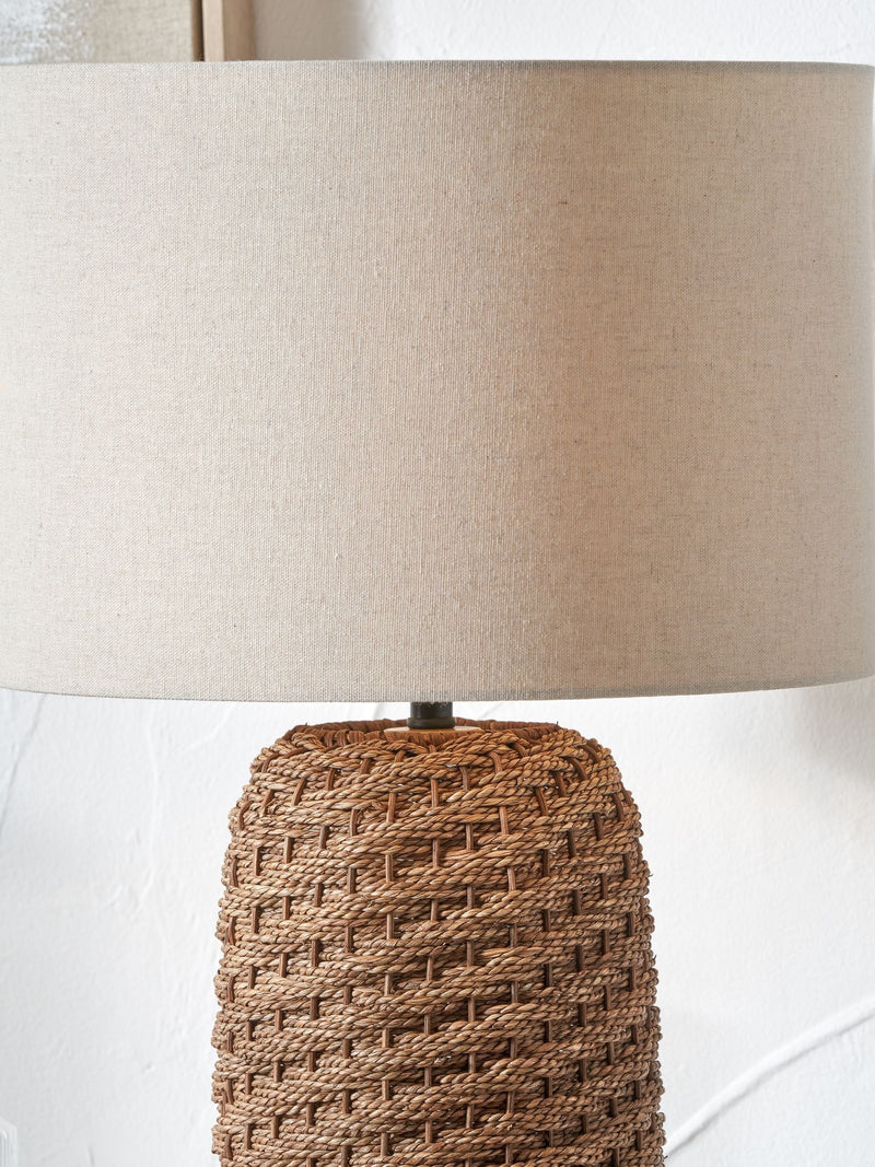 Brown seagrass table lamp with linen lampshade 55cm, UK version