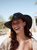 Black western straw-look hat with beaded trim and wide brim - British product