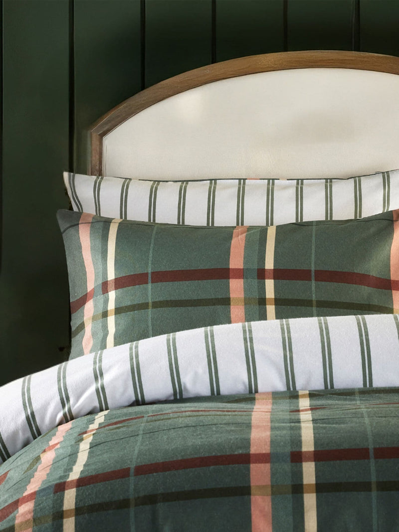 Vantona Green Brushed Plaid Quilt 100% Cotton Cover Set