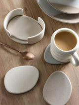 Natural Scandi Ceramic Pebble Coasters with Holder - Ceramic Coasters 10cm x 13.5cm