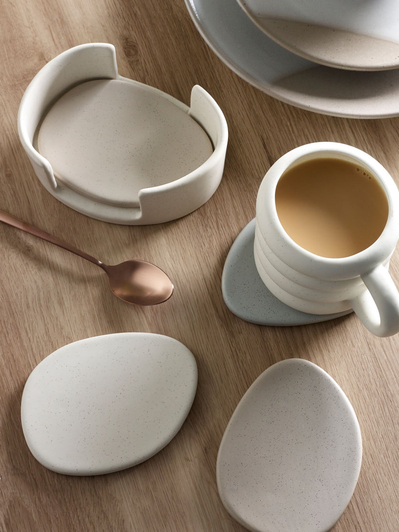 Natural Scandi ceramic pebble coasters with holder, 10x13.5cm, imported from the UK