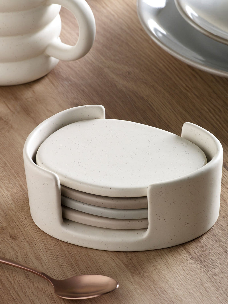 Natural Scandi ceramic pebble coasters with holder, 10x13.5cm, imported from the UK