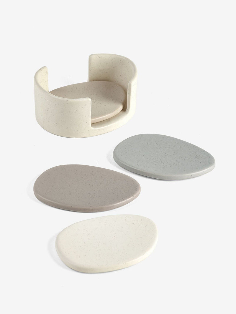 Natural Scandi ceramic pebble coasters with holder, 10x13.5cm, imported from the UK