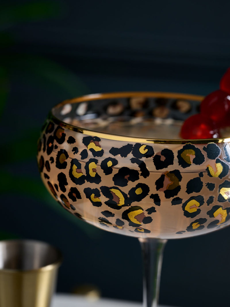 Set of 2 Black Leopard Print Coupe Glasses