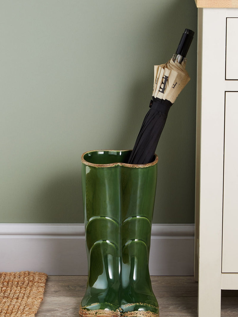 Stoneware green Wellington boots umbrella stand, UK version