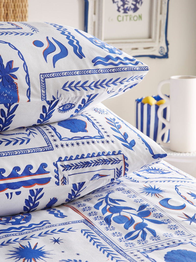 Reversible duvet cover set with blue frieze abstract design - British product