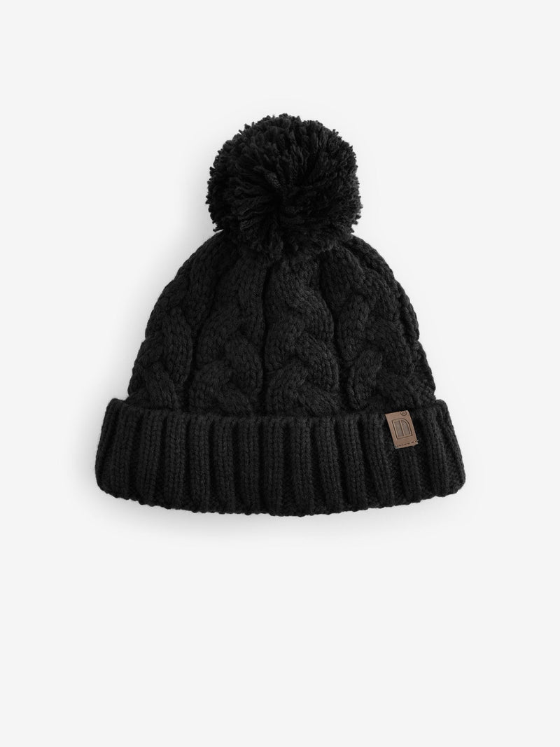 Cable knit pom hat black for children aged 1-16, imported from the UK