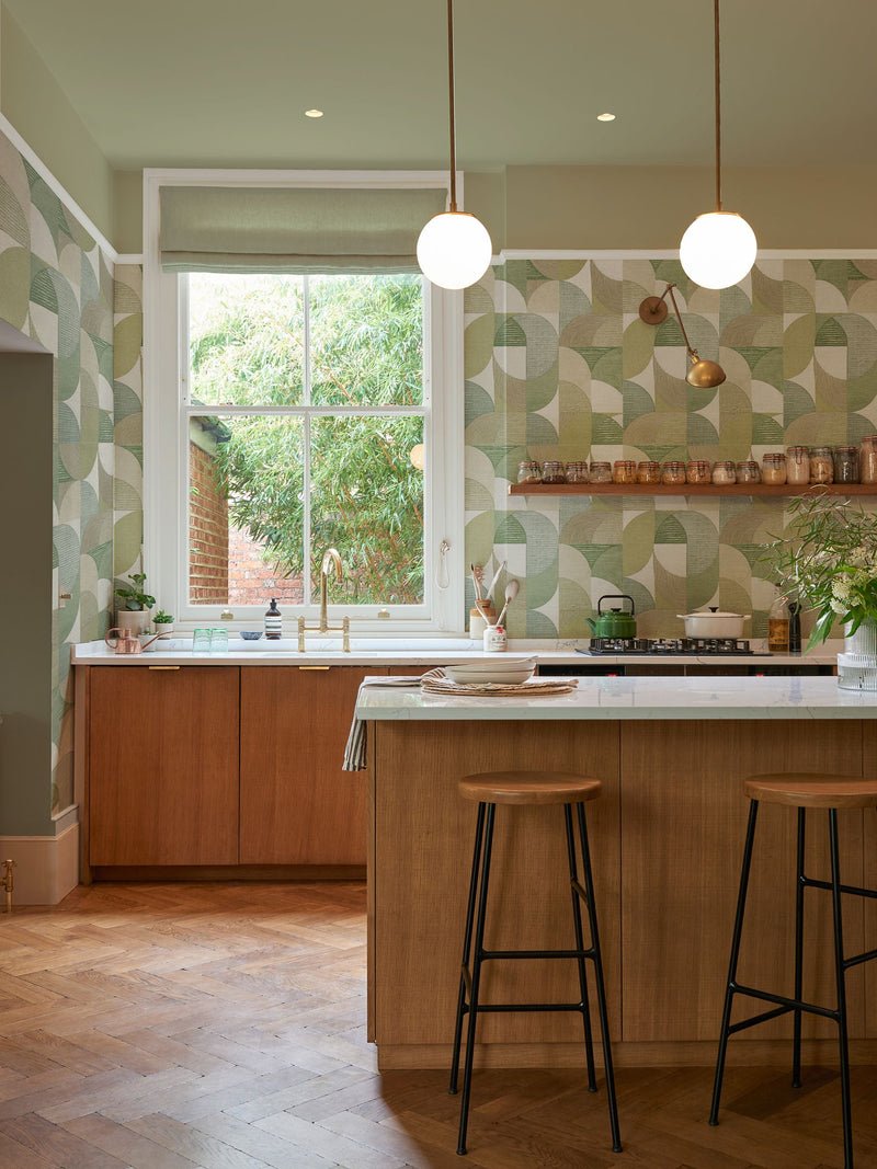 Graham & Brown green Stitch Craze wallpaper sample (British brand)