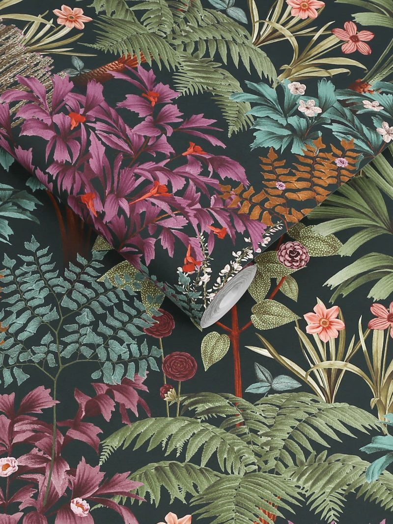 Graham & Brown Jardin Botanico black wallpaper sample, imported from the UK