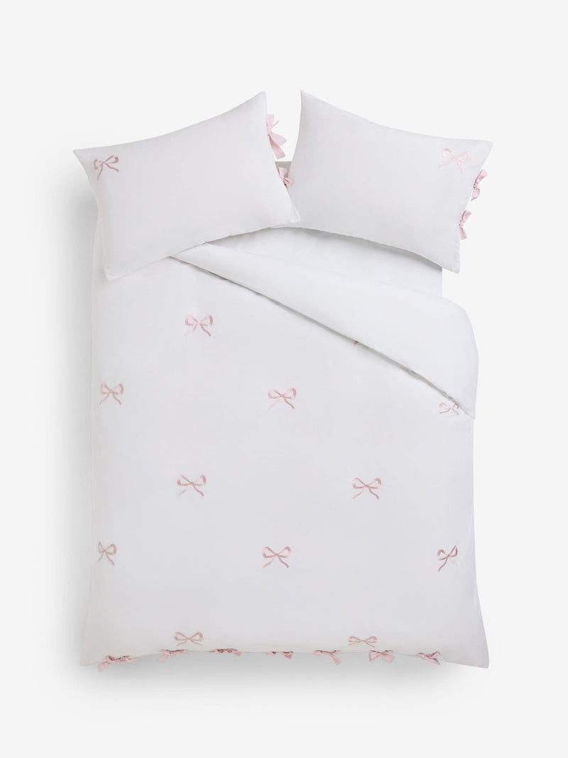 White and pink bow embroidered duvet cover and pillowcase set, imported from the UK