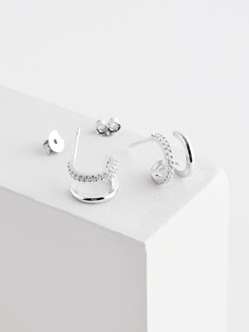 Silver double hoop earrings with diamante detail, UK version