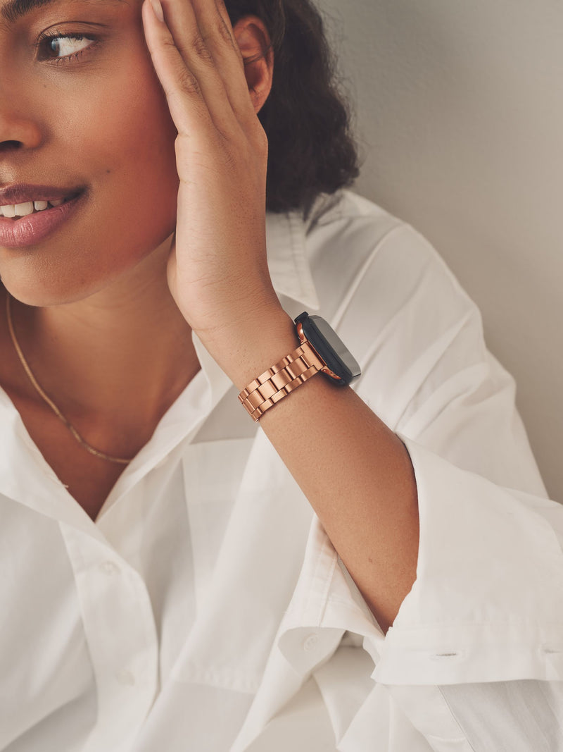 Rose gold stainless steel Apple watch strap, imported from the UK