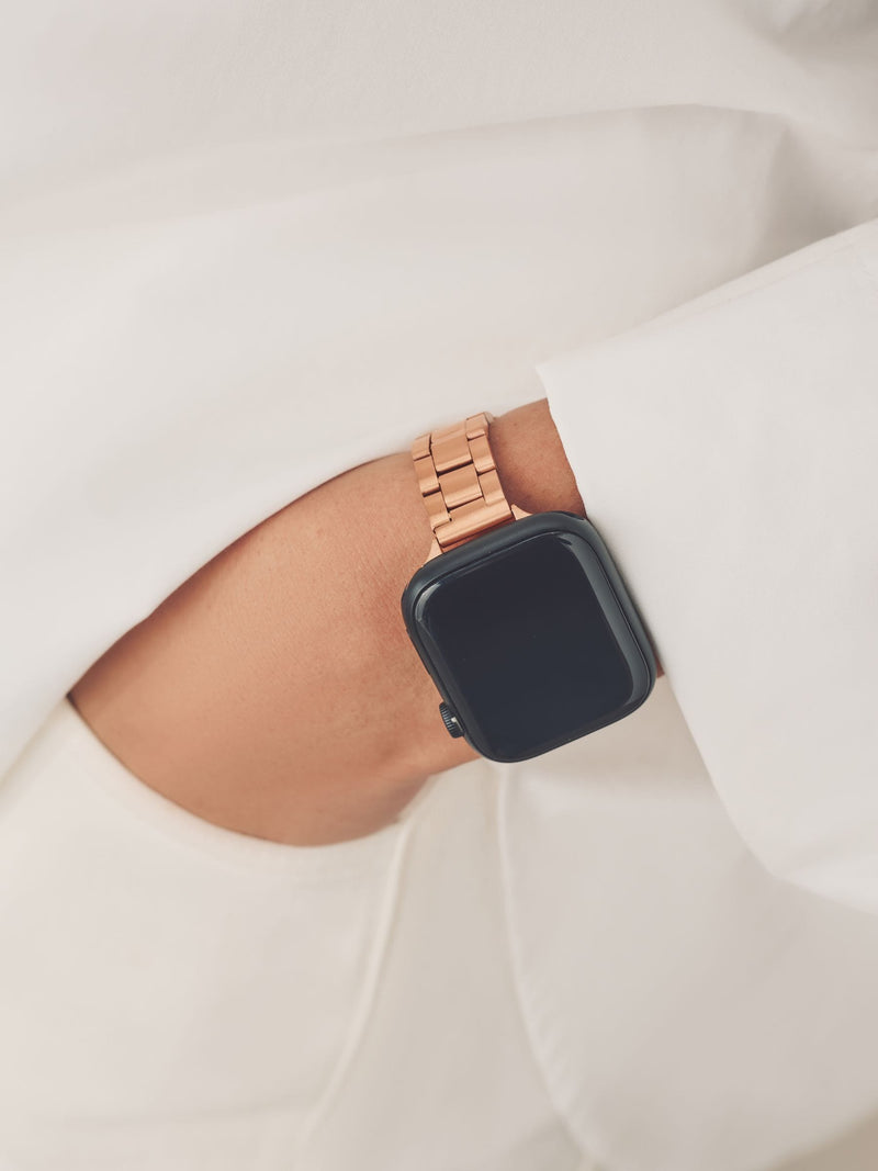 Rose gold stainless steel Apple watch strap, imported from the UK