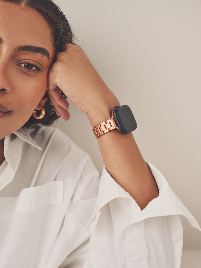 Rose gold stainless steel Apple watch strap, imported from the UK