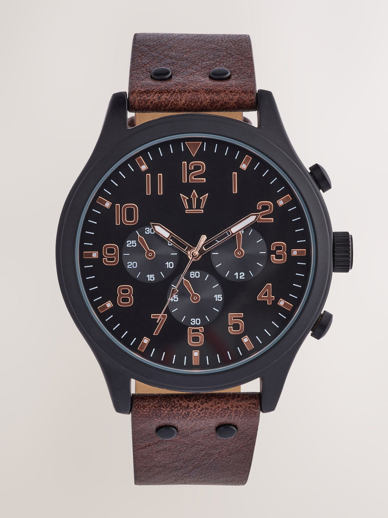 Chunky watch with brown faux leather strap - British product