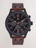 Chunky watch with brown faux leather strap - British product