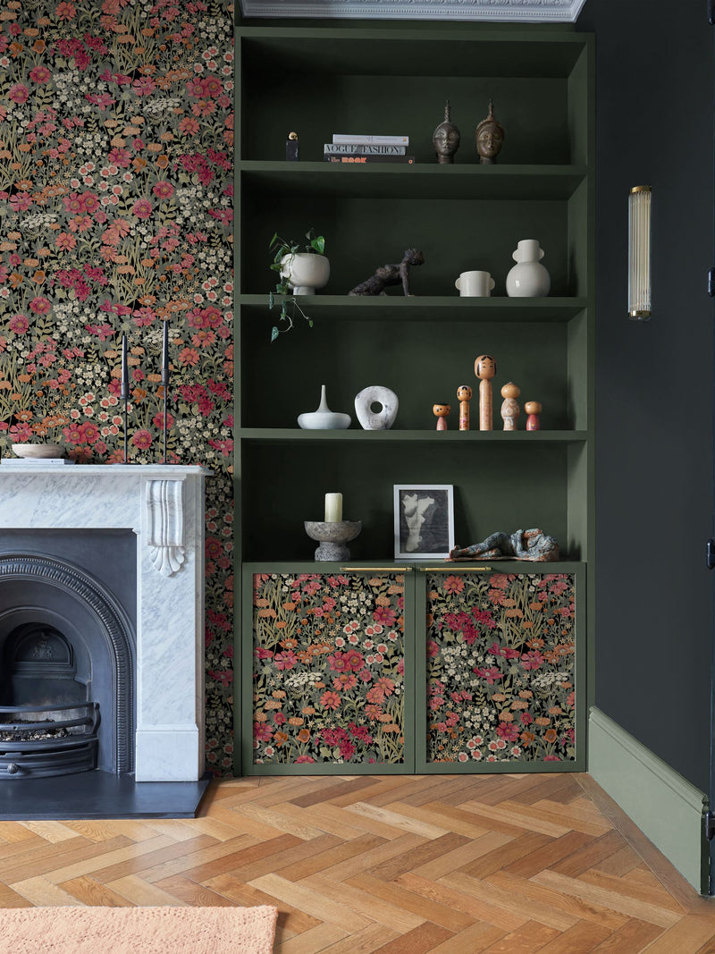 Graham & Brown Black Wallflower wallpaper sample, imported from the UK