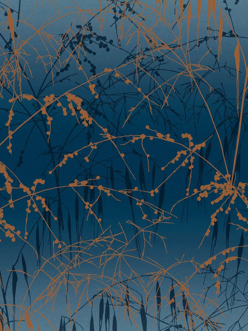 Clarissa Hulse Blue Meadow Grass French Copper wallpaper, imported from the UK