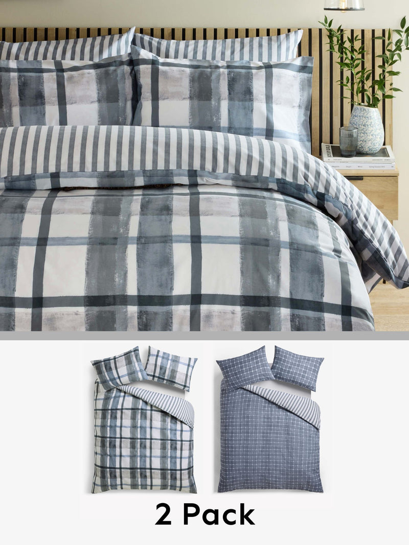 Navy blue check reversible duvet cover and pillowcase set, imported from the UK