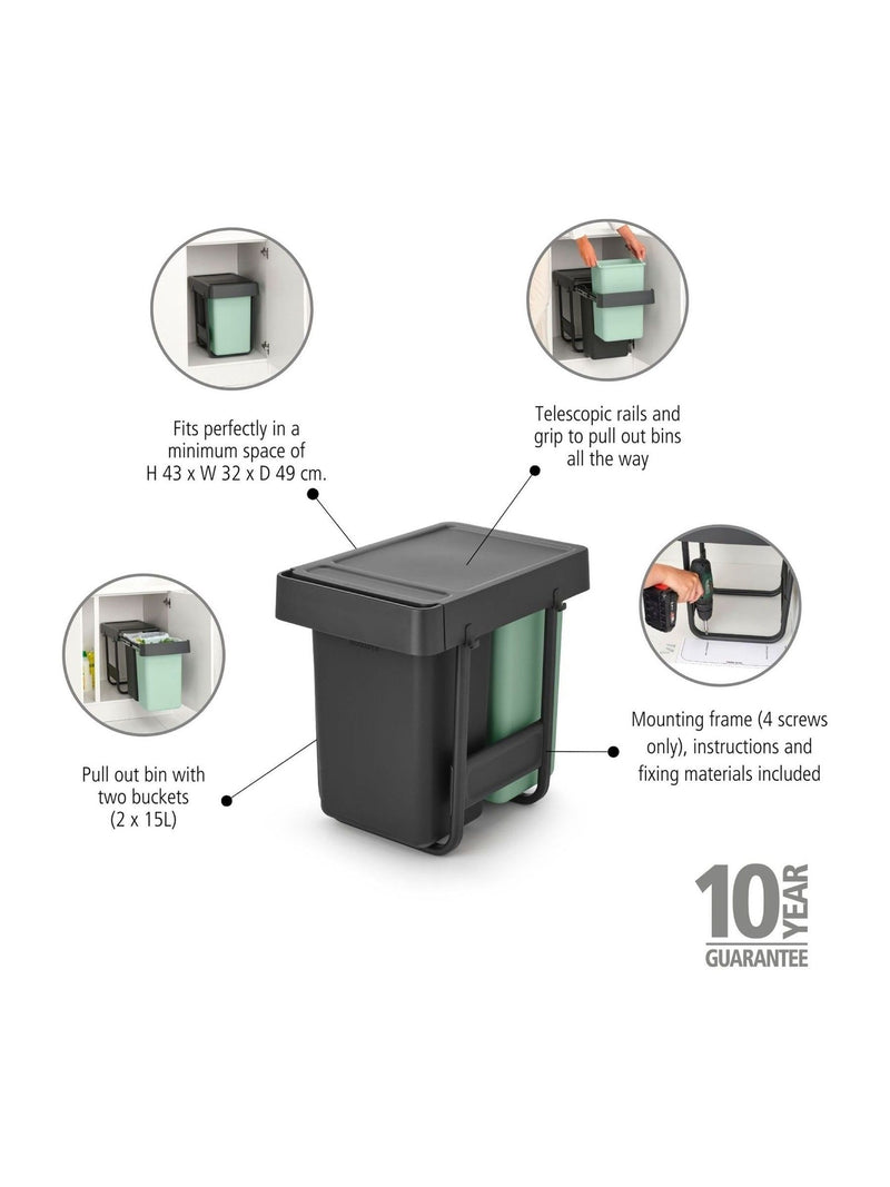 Brabantia Dark Grey Sort And Go built-in bin 2x15L - British product