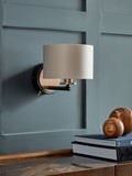 Brass Hudson wall light brushed brass fabric shade, imported from the UK