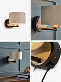 Brass Hudson wall light brushed brass fabric shade, imported from the UK