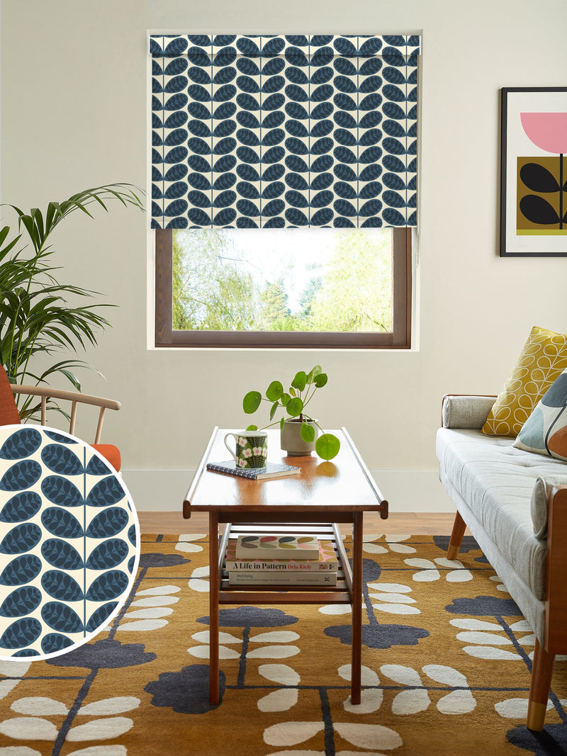 Orla Kiely Whale Blue Botanica Stem roller blinds, imported from the UK