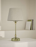 Blair rechargeable table lamp with brass base and linen shade, UK version