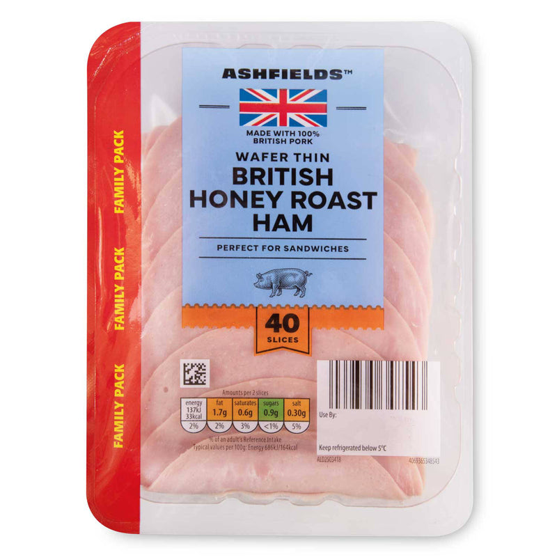 Honey roast ham, 40 wafer thin slices, family pack (British brand)