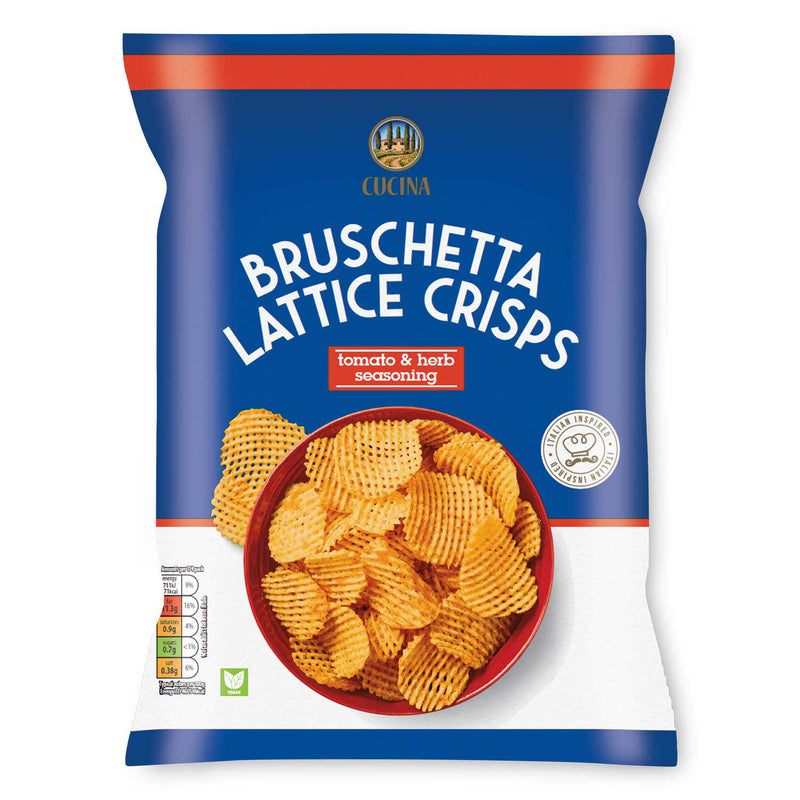 Bruschetta Lattice Crisps, vegetarian potato chips, UK version