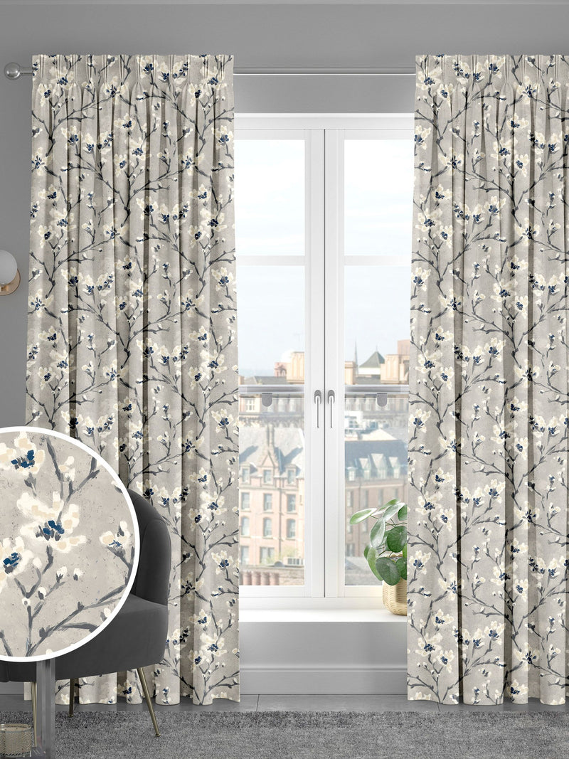 Grey Burley made to measure curtains with neutral branches and blue flowers - British product