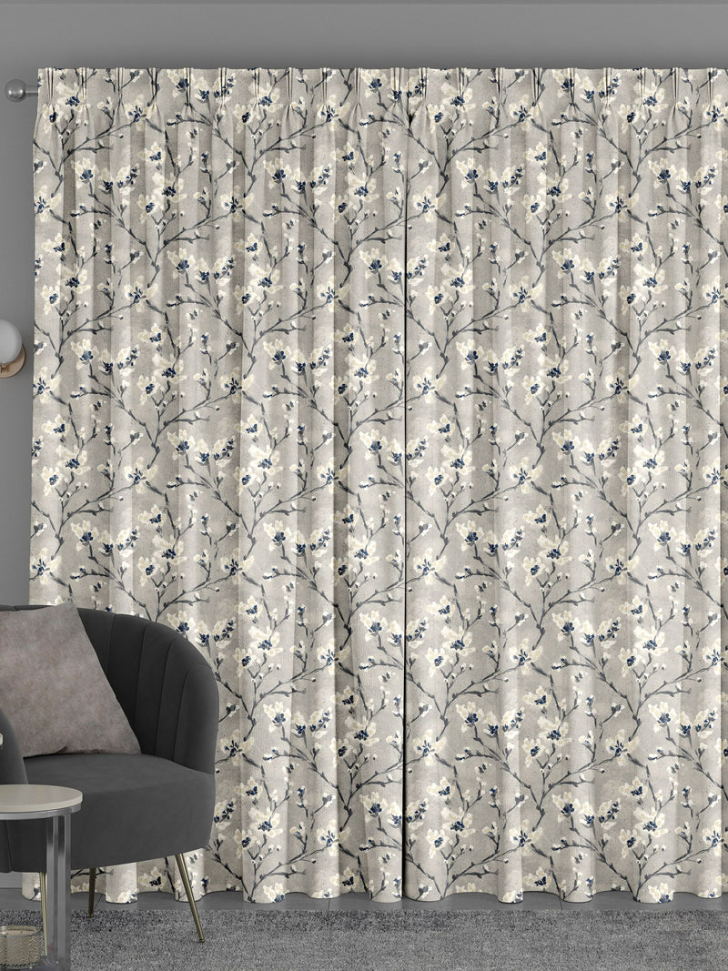 Grey Burley made to measure curtains with neutral branches and blue flowers - British product